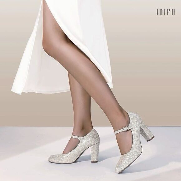 Idifu Women's Silver Glitter  Mary Jane Heels Size 8 Chunky Heel Buckle NWOB - Picture 11 of 15